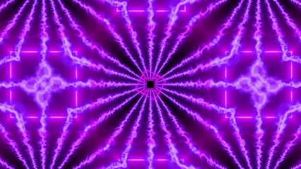 abstract perfect animation of energy purple color flow tunnel neon lights glowing beams in black background kaleidoscope - Powered by Adobe