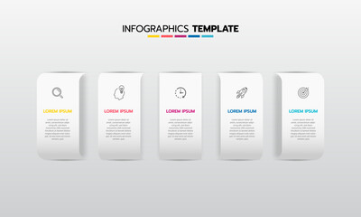 Business infographic template process with simple geometry square, rectangle, circle, triangle, curves in flat design template with thin line icons and 5 options or steps. Vector illustration.