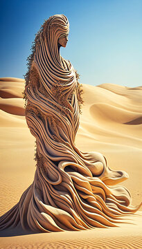 Desert creature of the sand in the shape of a woman body. Created with Generative AI technology.