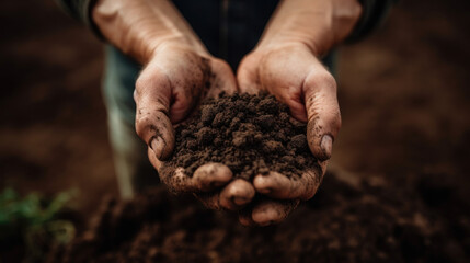 two hands hold fresh earth. Generative AI