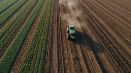 aerial view of a green tracktor plowing a field. Generative AI