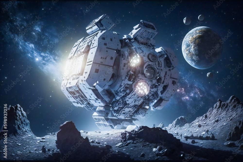 Poster asteroid mining, moon or alien planet mining facility. created with generative ai technology.