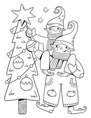 Christmas illustration with two elfs. Holiday outline illustration for coloring book. Christmas card. New year symbol.