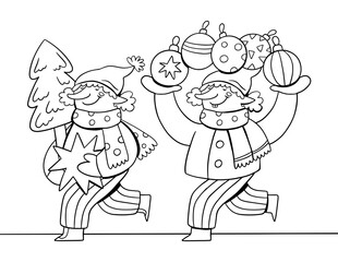Christmas illustration with two elfs. Holiday outline illustration for coloring book. Christmas card. New year symbol.