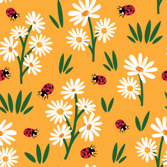 cute white daisy flowers and red ladybugs seamless vector pattern illustration on yellow background - 598937037