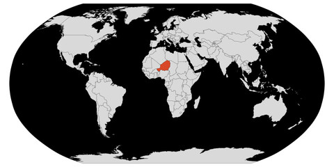 Vector map of the world with the country of Niger highlighted highlighted in orange on a dark background.