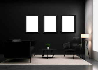 Picture mock up on the wall in a living room. Empty space for a text or image. Copy space, add design. Ai generative