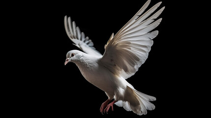 A white dove in flight isolated on black background. Generative AI