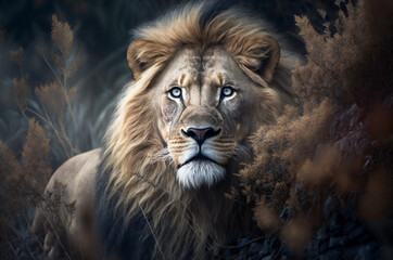 Magnificent lion in wilderness. Created with Generative AI technology.