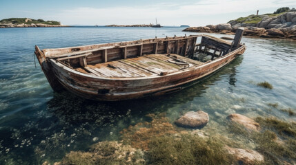 Naklejka na ściany i meble an old boat wreck lies on the shore. Generative AI