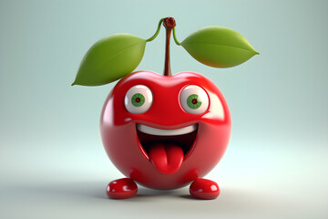Cheerful cartoon cherry character with cute smile. Sweet cherry fruit, happy funny food personage....