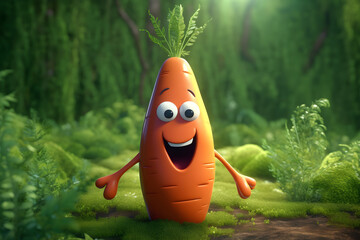 Cheerful catroon carrot character with cute smile in the garden, healthy food concept. Generative AI.