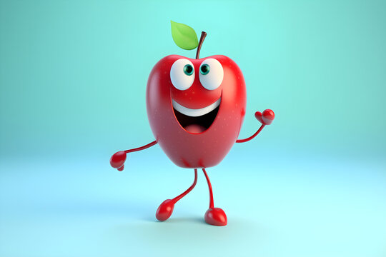 Cheerful cartoon red apple character with cute smile. Sweet apple fruit, happy funny food personage. Healthy food concept. Generative AI.
