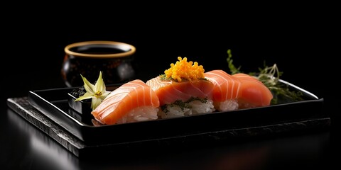 Sushi  rolls on black plate. Close up, black background, ai illustration 