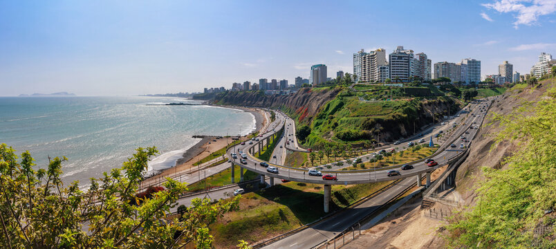 Armendariz Viaduct in the green coast beach circuit. Miraflores Lima, Peru
