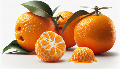 Group of Fresh Whole Mandarin Fruit on White Background AI Generative
