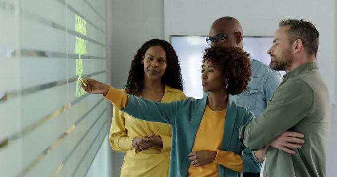 Diverse group of businesspeople reading adhesive notes on a glass wall during of an office brainstorming session