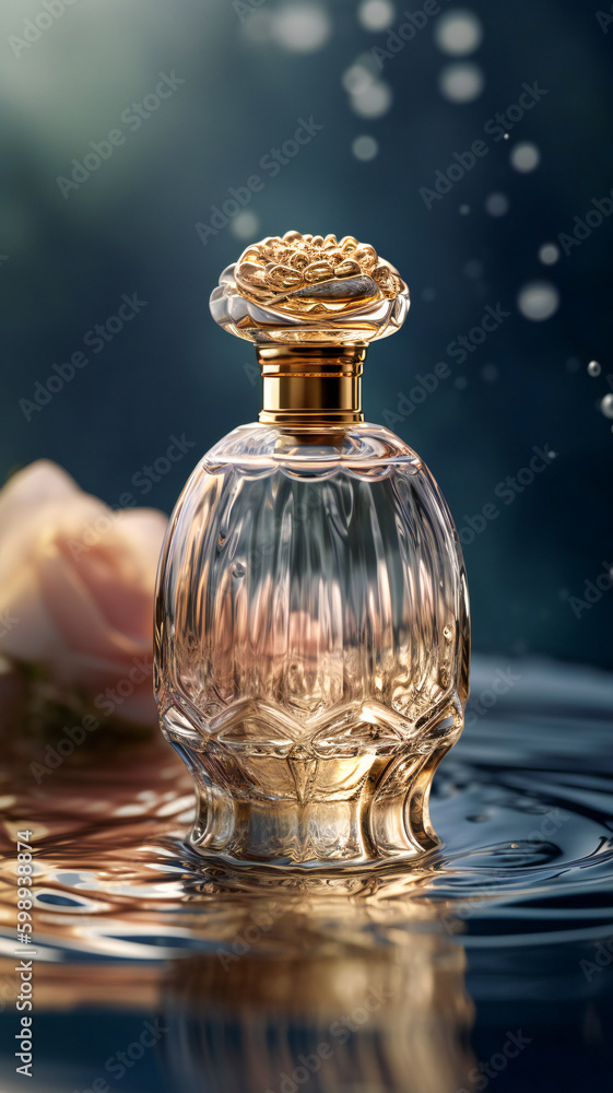 Poster generic perfume bottle reflected in water. luxury concept. created with generative ai technology.