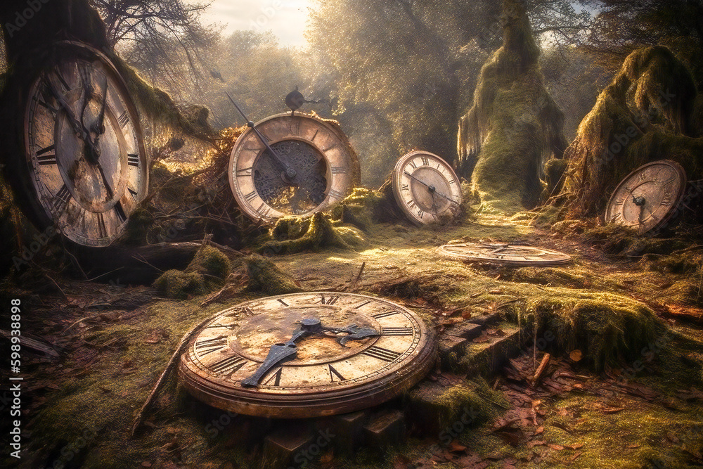 Poster surreal composition of rusty clocks. time related concept. created with generative ai technology.