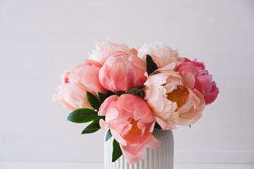 Beautiful bouquet of fresh coral peony flowers in full bloom in vase. Floral still life with blooming peonies.