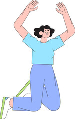 Happy female character jumping from joy, fun. Young excited woman celebrating success, achievement. Free active woman with positive energy. Concept for career, educational or personal success.