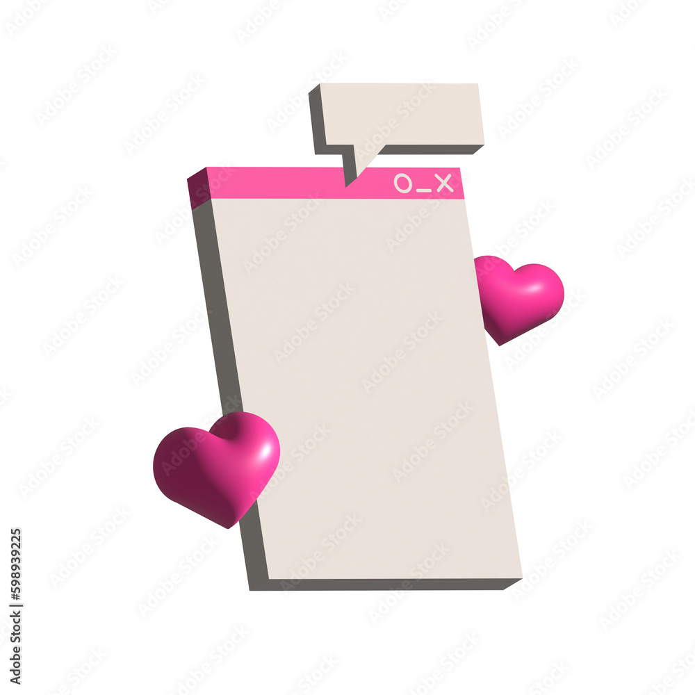 Fototapete retro computer interface with many open tab, bubble, hearts and window box in 3d render style. volum