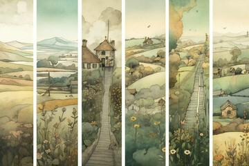 Different watercolor bookmarks, with beautiful rural landscapes. Created with Generative AI technology.