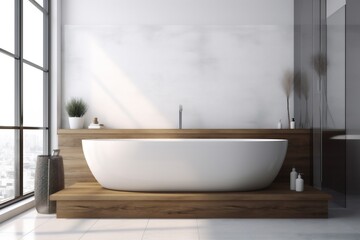 Naklejka na ściany i meble wood interior home white indoor house architecture modern bathroom luxury bathtub. Generative AI. Generative AI