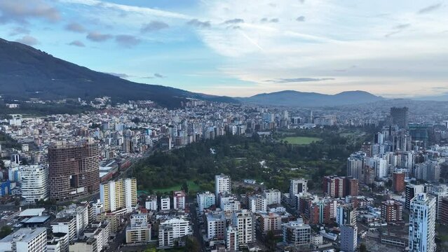 Parque La Carolina (Carolina Park) in the middle of the city Quito in Ecuador - Aerial 4K drone video footage 