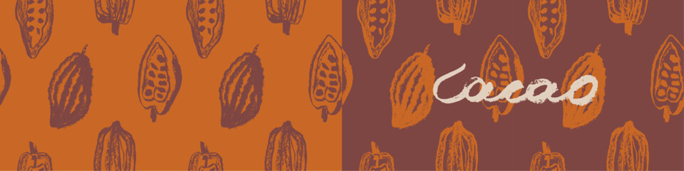 Confectionery banner with cocoa beans seamless pattern. Vector hand drawn Cacao beans background for chocolate packaging ornament or powder. Cocoa plant illustration label design. Organic cacao butter