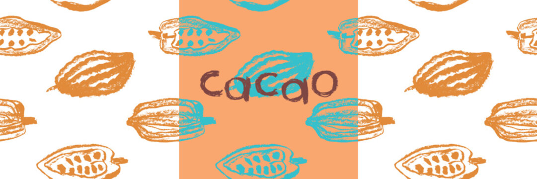 Confectionery banner with cocoa beans seamless pattern. Vector hand drawn Cacao beans background for chocolate packaging ornament or powder. Cocoa plant illustration label design. Organic cacao butter