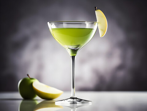 Appletini cocktail with apples slices, vodka, pineapple juice, liqueur in classic martini cocktail glass. Cold apple martini cocktail with apple slice garnish on dark background. Generative AI