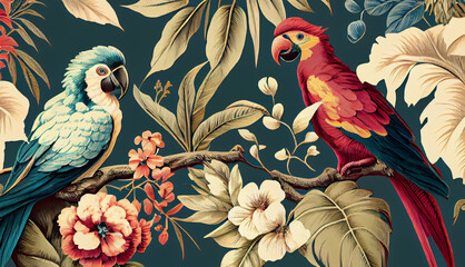 A beautiful bird colorful with seasonal spring theme. Vintage and classic retro bird illustration background for wallpaper. Generative Ai. - obrazy, fototapety, plakaty
