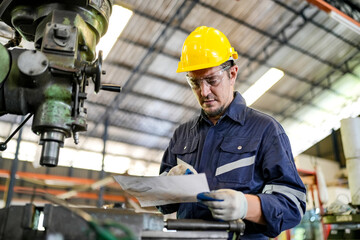 Lathe Operators Concentrated on Work. Worker in uniform and helmet works on lathe, factory. Industrial production, metalwork engineering, manufacturing.