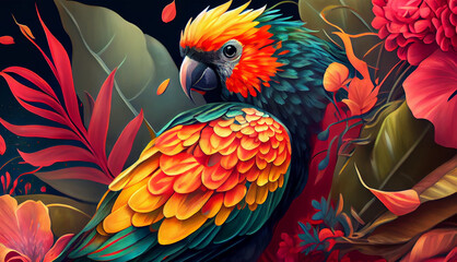 Obraz premium A beautiful bird colorful with seasonal spring theme. Vintage and classic retro bird illustration background for wallpaper. Generative Ai.