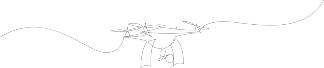 Continuous one line drawing of flying drone airplane. Single line unmanned plane graphic. Modern air gadget for videography concept. Vector illustration.