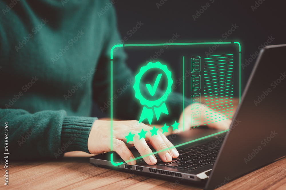 Fototapete client using computer laptop with virtual screen assessment sign of the top service quality assuranc