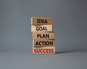 Idea Goal Plan Action Success symbol. Concept words Idea Goal Plan Action Success on wooden blocks....
