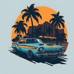 Artwork of t-shirt graphic design, flat design of one retro ,classic car , miami street , colorful shades, highly detailed clean, vector image