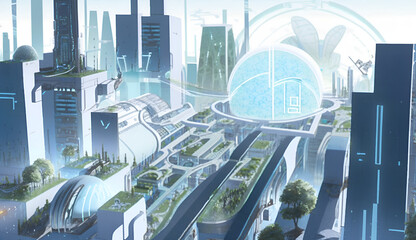 ドーム型の建築物のある未来都市