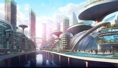 川沿いの未来都市