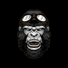 Cruel gorilla head biker wear a goggles in vintage style illustration