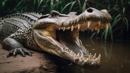 Fototapeta premium Closeup of a crocodile and alligator in water 