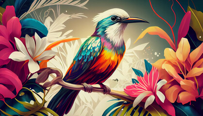 A beautiful bird colorful with seasonal spring theme. Vintage and classic retro bird illustration background for wallpaper. Generative Ai.