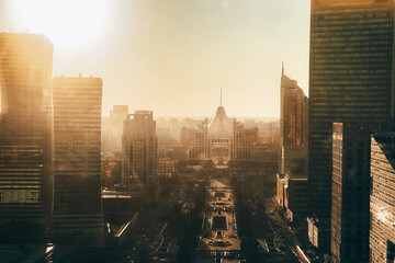 Panoramic top view of Nurzhol Boulevard, skyscrapers and cultural and business center of Astana....