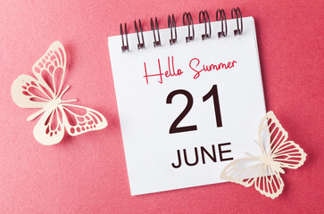 The Hello Summer on 21st June 2023 calendar with butterfly paper on red background.