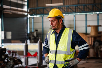 Lathe Operators Concentrated on Work. Worker in uniform and helmet works on lathe, factory. Industrial production, metalwork engineering, manufacturing.