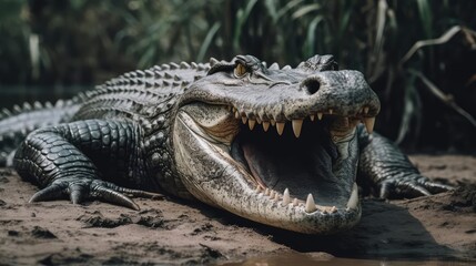 Obraz premium Closeup of a crocodile and alligator in water 