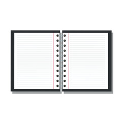 Open black notebook isolated on background. Blank sheet of lined notebook. Vector stock