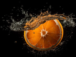 Fototapeta na wymiar Closeup splash orange fruit with water splash photography in black background. Still life photography. Generative AI.